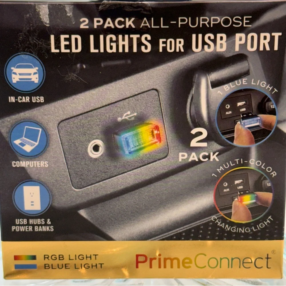 🆕 PrimeConnect 2-Pack USB LED Lights 💚 RGB + Blue Light – Car, PC, Power Bank